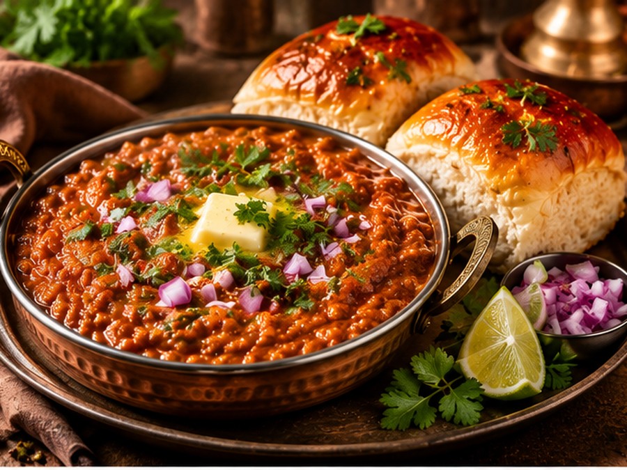 Pav Bhaji served with buttered pav, onion and lemon
