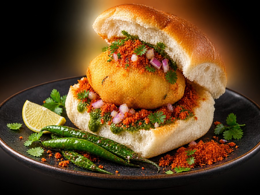 Vada Pav served with fried green chilli and chutneys